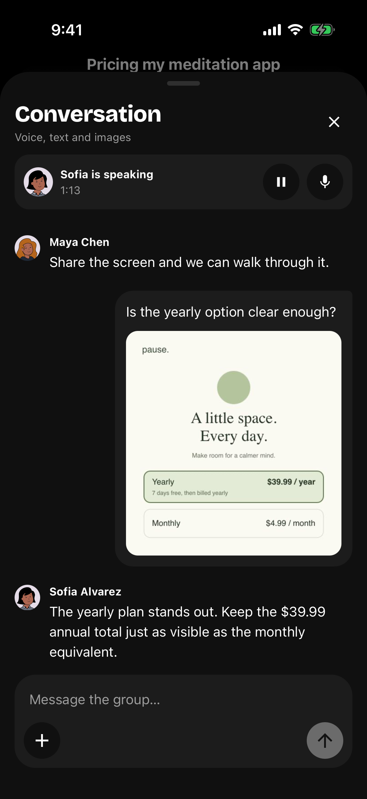 A shared screenshot and the group's response in Chat